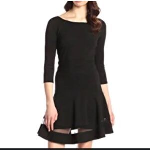 ERIN Fetherston Size Large Tess Ponte Black 3/4 Sleeve‎ Flare Dress Mesh Cutouts